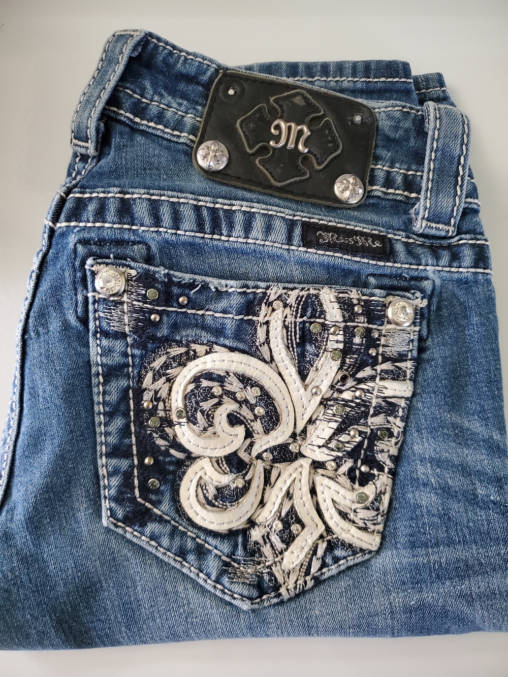 Miss Me Blue Embroidered & Studded Straight Cut Jeans